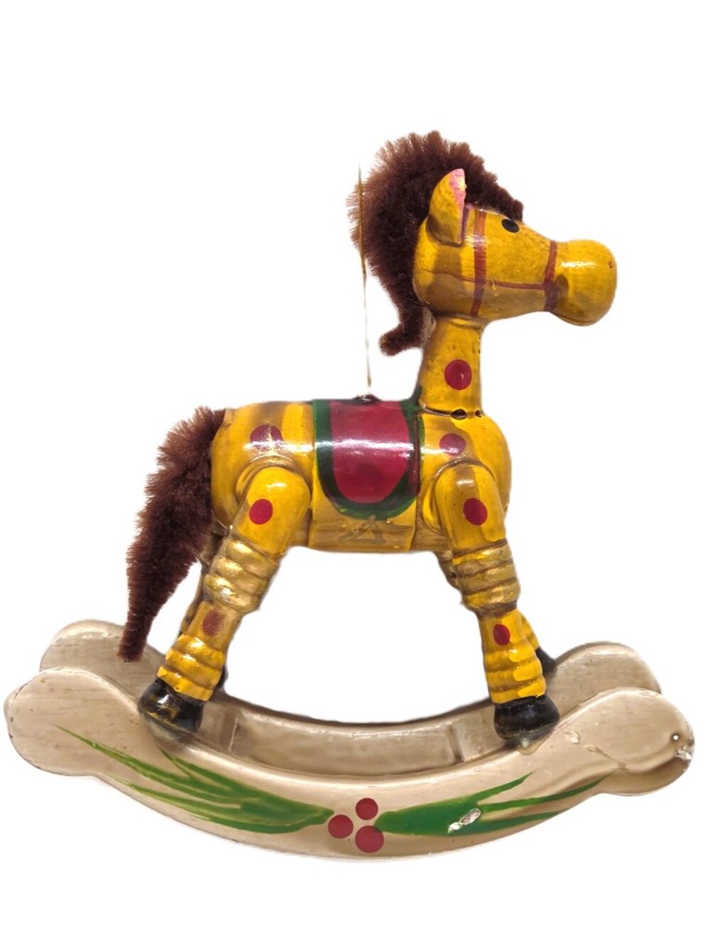 Vintage Wood Rocking Horse Christmas Ornament Tan Yellow 3.5"